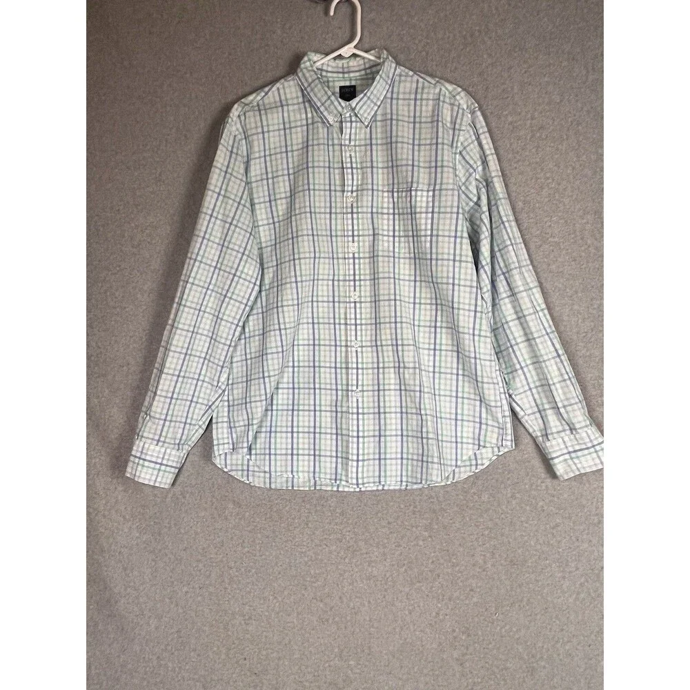 J. Crew Button Front Shirt Men’s XL White Blue Green Plaid Long Sleeve
